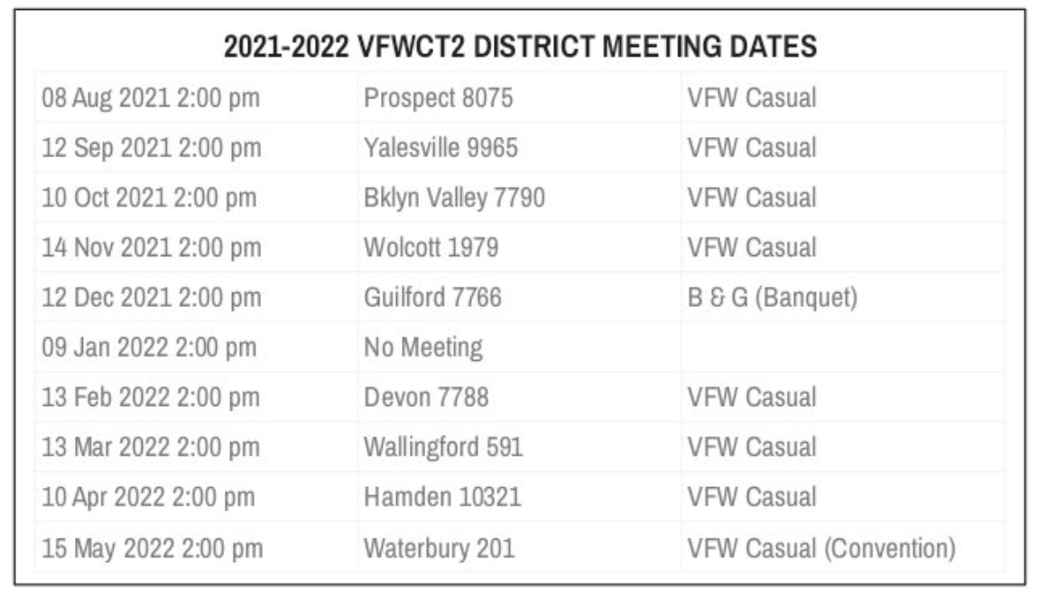 2021-2022 VFWCT2 District Schedule